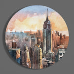 New York-skyline bij zonsondergang in aquarelstijl – Rond Glasschilderij