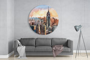 New York-skyline bij zonsondergang in aquarelstijl – Rond Glasschilderij