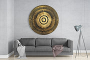 Gouden zonnestralen met bullseye – Rond Glasschilderij