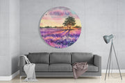 Lavendelkleurige bloemenweide met vliegende vogels in aquarelstijl – Rond Glasschilderij