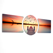 Sunset Pier Flying Birds 3 Piece Glass Wall Art