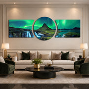 Green Aurora Mountain Night 3 Piece Glass Wall Art