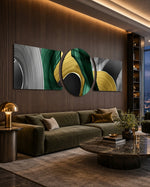 Emerald Gold Brushstroke Swirls 3 Piece Glass Wall Art