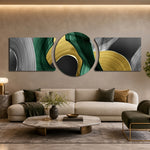 Emerald Gold Brushstroke Swirls 3 Piece Glass Wall Art