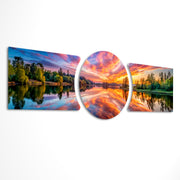 Fiery Sunset Lake Mirror Reflection 3 Piece Glass Wall Art