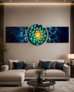 Glowing Teal Dahlia Bloom Macro 3 Piece Glass Wall Art