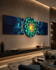 Glowing Teal Dahlia Bloom Macro 3 Piece Glass Wall Art