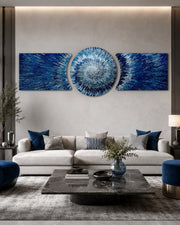 Blue Silver Exploding Starburst Shards 3 Piece Glass Wall Art
