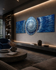 Blue Silver Exploding Starburst Shards 3 Piece Glass Wall Art