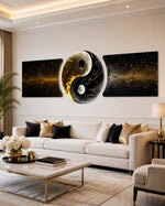 Golden Black Yin Yang Balance 3 Piece Glass Wall Art