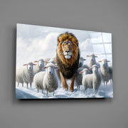 The Lion and the Lambs: Snowy Kingdom Glass Wall Art || Designer Collection