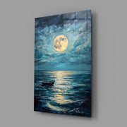 Boat in the Full Moon Glass Wall Art || Designer Collection