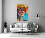 Woman in Orange Hat Glass Wall Art || Designer Collection