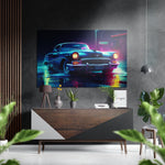 Vintage coupé op neon regenachtige straat – Dibond Schilderij