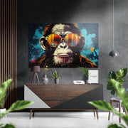 Gestreepte pilotenbril chimpansee Turkoois spetters – Dibond Schilderij