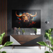 Brede Hoorn stier hoofd Blauwe mist – Dibond Schilderij