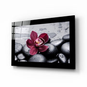 Bordeaux Orchidee met Spa-stenen – Glasschilderij