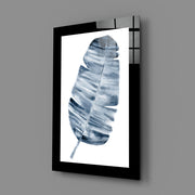 Marineblauw Palmenblad in Aquarelstijl – Glasschilderij