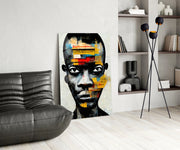 Gele Paper Strip collage portret – Glasschilderij