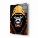 Gele met capuchon gorilla goud Grin – Glasschilderij