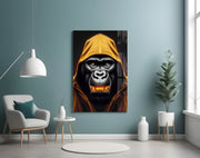 Gele met capuchon gorilla goud Grin – Glasschilderij