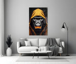Gele met capuchon gorilla goud Grin – Glasschilderij