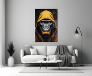 Gele met capuchon gorilla goud Grin – Glasschilderij