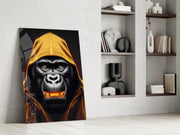 Gele met capuchon gorilla goud Grin – Glasschilderij