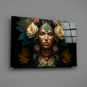 Witte rozen goud blauwgroene Headdress vrouw – Glasschilderij