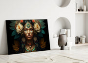 Witte rozen goud blauwgroene Headdress vrouw – Glasschilderij