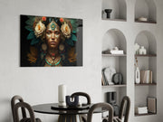 Witte rozen goud blauwgroene Headdress vrouw – Glasschilderij