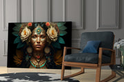 Witte rozen goud blauwgroene Headdress vrouw – Glasschilderij
