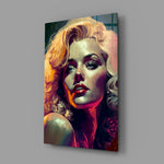 Geschilderd portret van een blonde diva in levendige kleuren – Glasschilderij