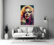 Geschilderd portret van een blonde diva in levendige kleuren – Glasschilderij