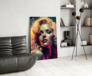 Geschilderd portret van een blonde diva in levendige kleuren – Glasschilderij