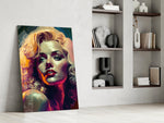 Geschilderd portret van een blonde diva in levendige kleuren – Glasschilderij