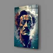 Surrealistisch portret van een man met wild haar en blauwgroene spetters – Glasschilderij
