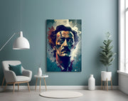 Surrealistisch portret van een man met wild haar en blauwgroene spetters – Glasschilderij