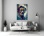 Surrealistisch portret van een man met wild haar en blauwgroene spetters – Glasschilderij