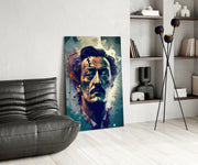 Surrealistisch portret van een man met wild haar en blauwgroene spetters – Glasschilderij