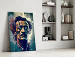 Surrealistisch portret van een man met wild haar en blauwgroene spetters – Glasschilderij