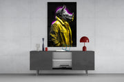 Gele jas Rhino paarse gloed – Glasschilderij