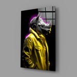 Gele jas Rhino paarse gloed – Glasschilderij