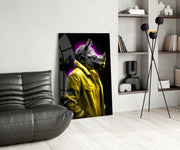 Gele jas Rhino paarse gloed – Glasschilderij