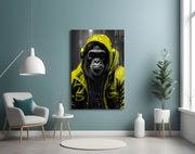Gele Raincoat Headphone gorilla – Glasschilderij