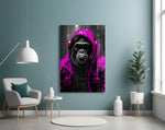 Gele Raincoat Headphone gorilla – Glasschilderij