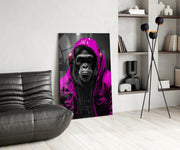 Gele Raincoat Headphone gorilla – Glasschilderij