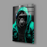 Gele Raincoat Headphone gorilla – Glasschilderij