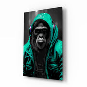 Gele Raincoat Headphone gorilla – Glasschilderij