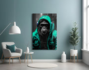 Gele Raincoat Headphone gorilla – Glasschilderij